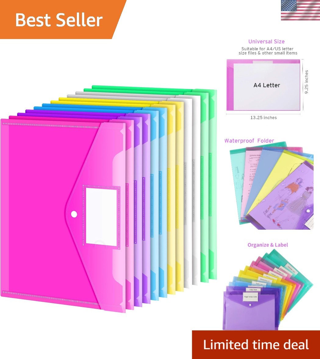 12 Eco-Friendly Plastic Folders with Colorful Snap Closure and Labeling Pockets