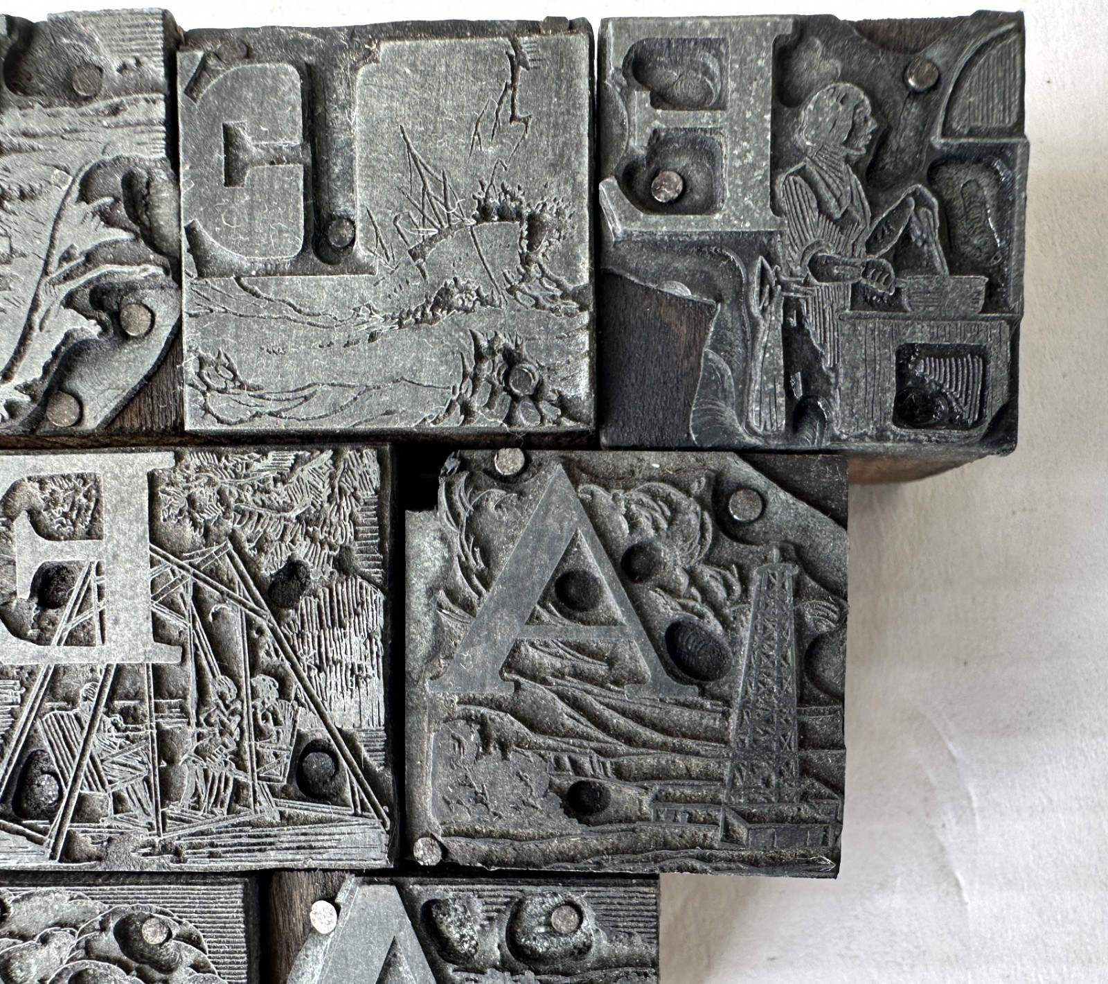 Vtg Type Set Print Block Letter Nautical Illustrated People Dining Cooking Scene