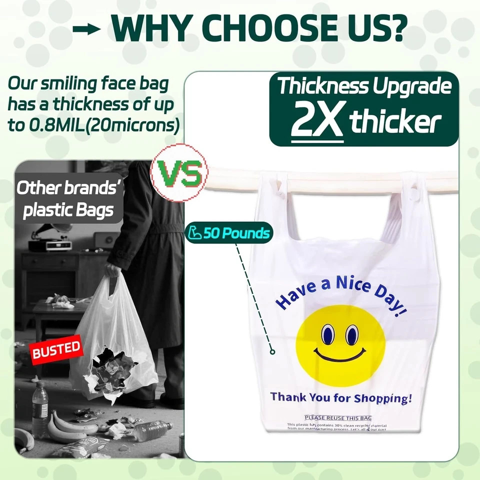 100-Pack White T-Shirt Plastic Bags, 0.8 Mil, 11″x6″x21″, Heavy-Duty Grocery & S
