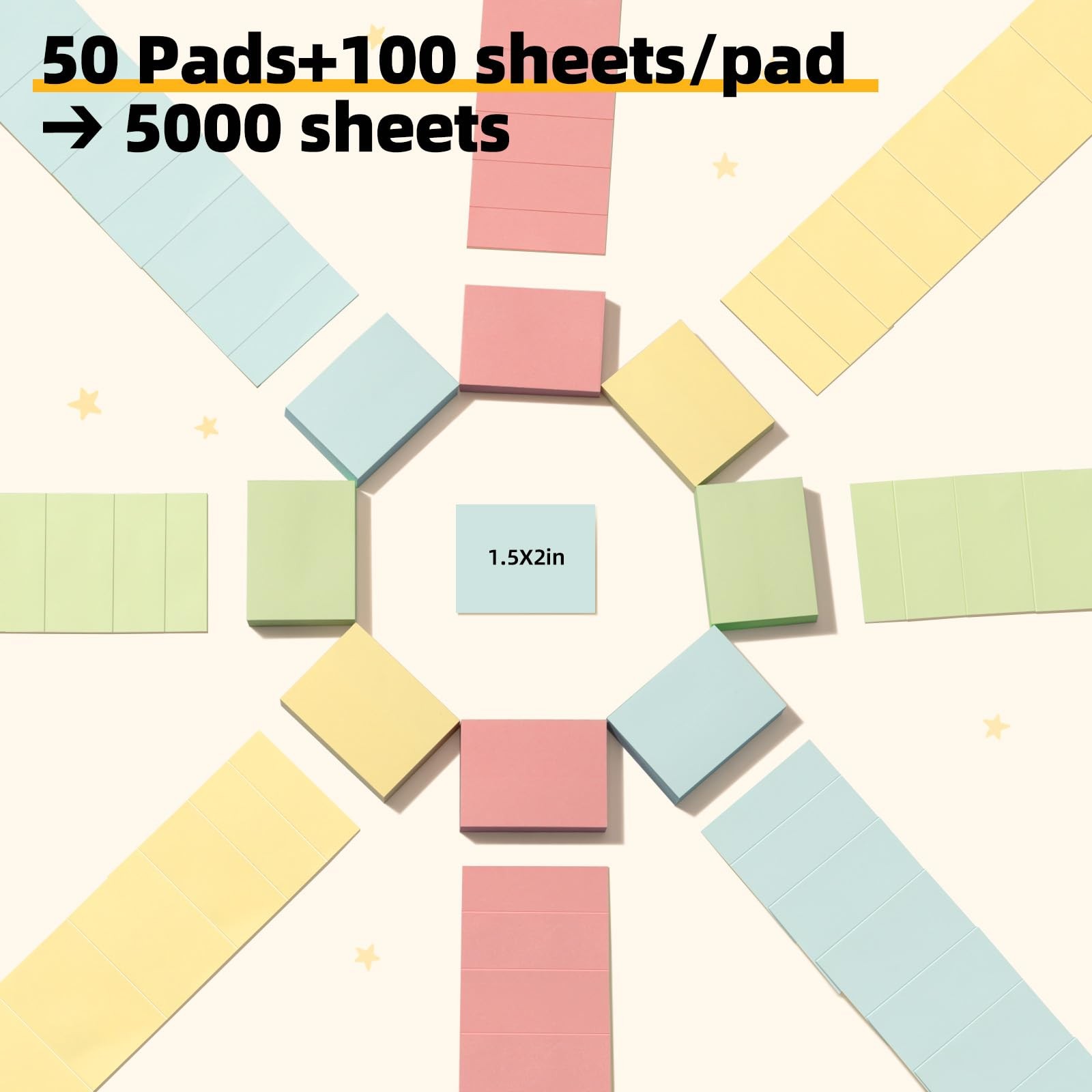 Small Sticky Notes Bulk, 50 Pads, 1.5×2 Inch, 5000 Sheets, 4 Colors