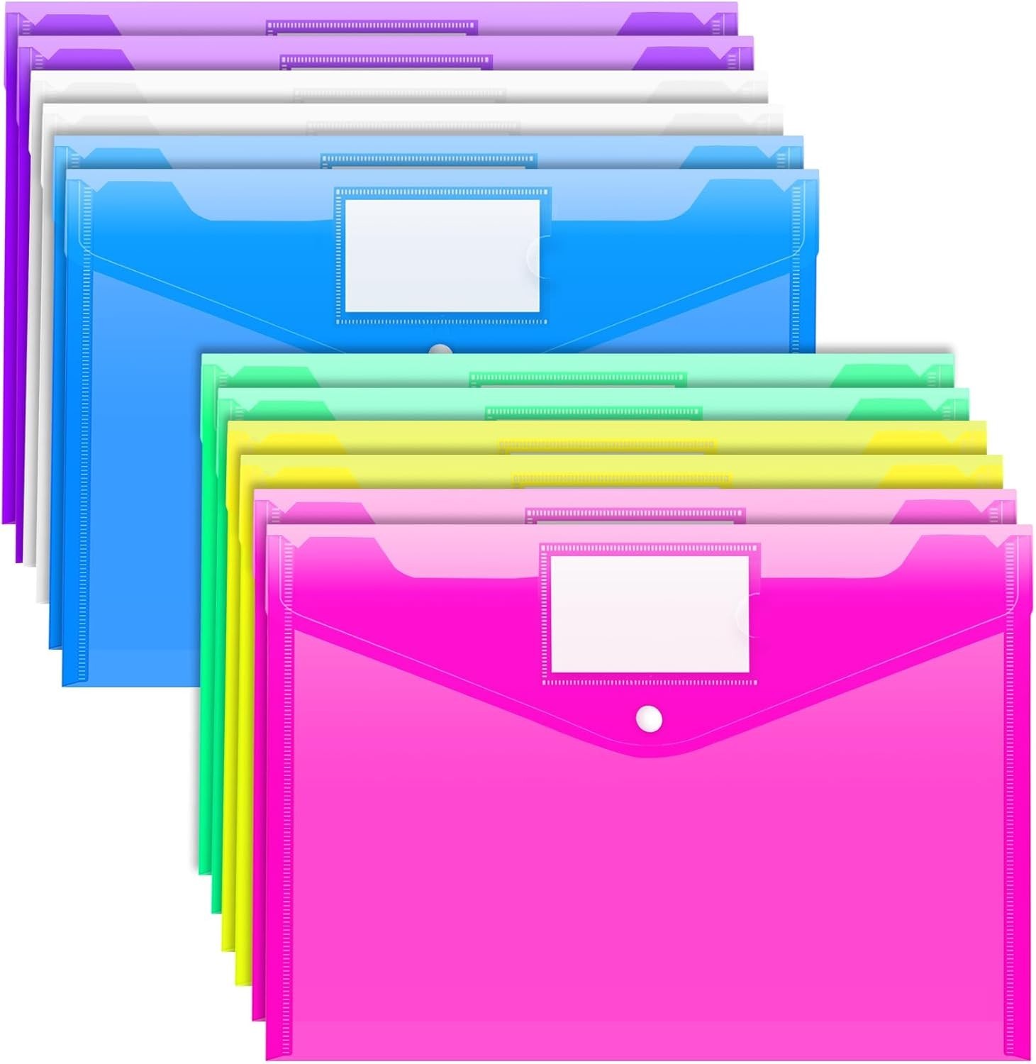 12 Eco-Friendly Plastic Folders with Colorful Snap Closure and Labeling Pockets