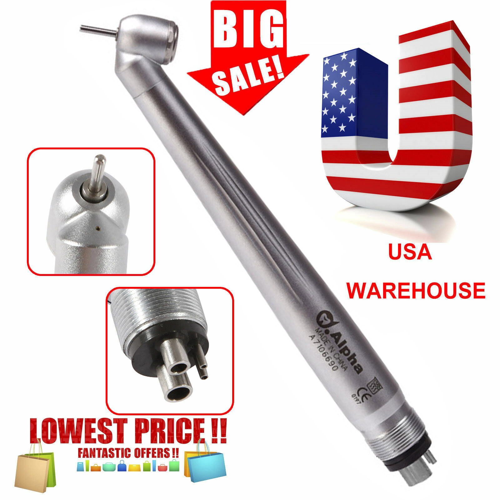 Dental Surgical 45 Degree High Speed Handpiece Push Spray Turbine 4-Holes