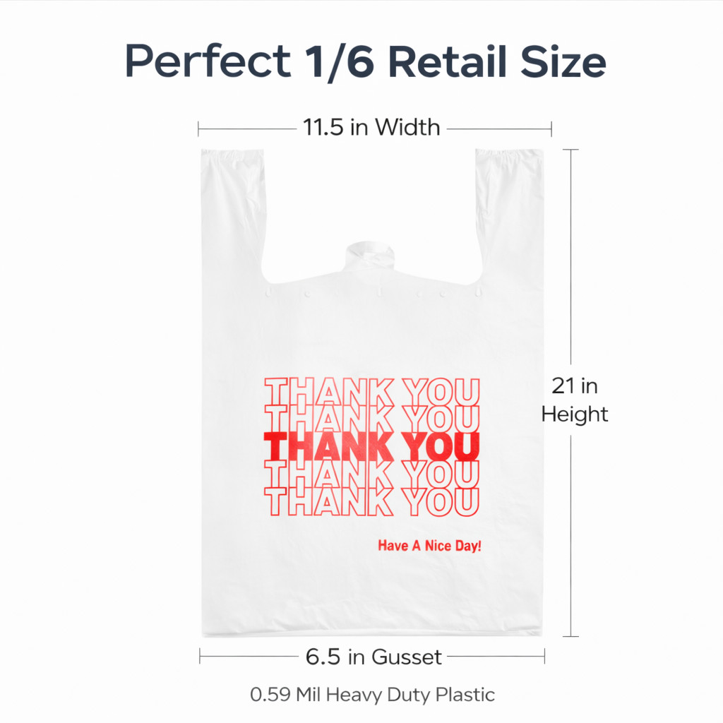 Bags 1/6 Large 21 x 6.5 x 11.5 WHITE THANK YOU T-Shirt Plastic Shopping Bags