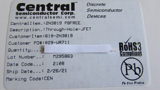 2N3819 Central Semiconductor RF GENUINE JFET Transistor N-CH -25V 10mA, 1 piece