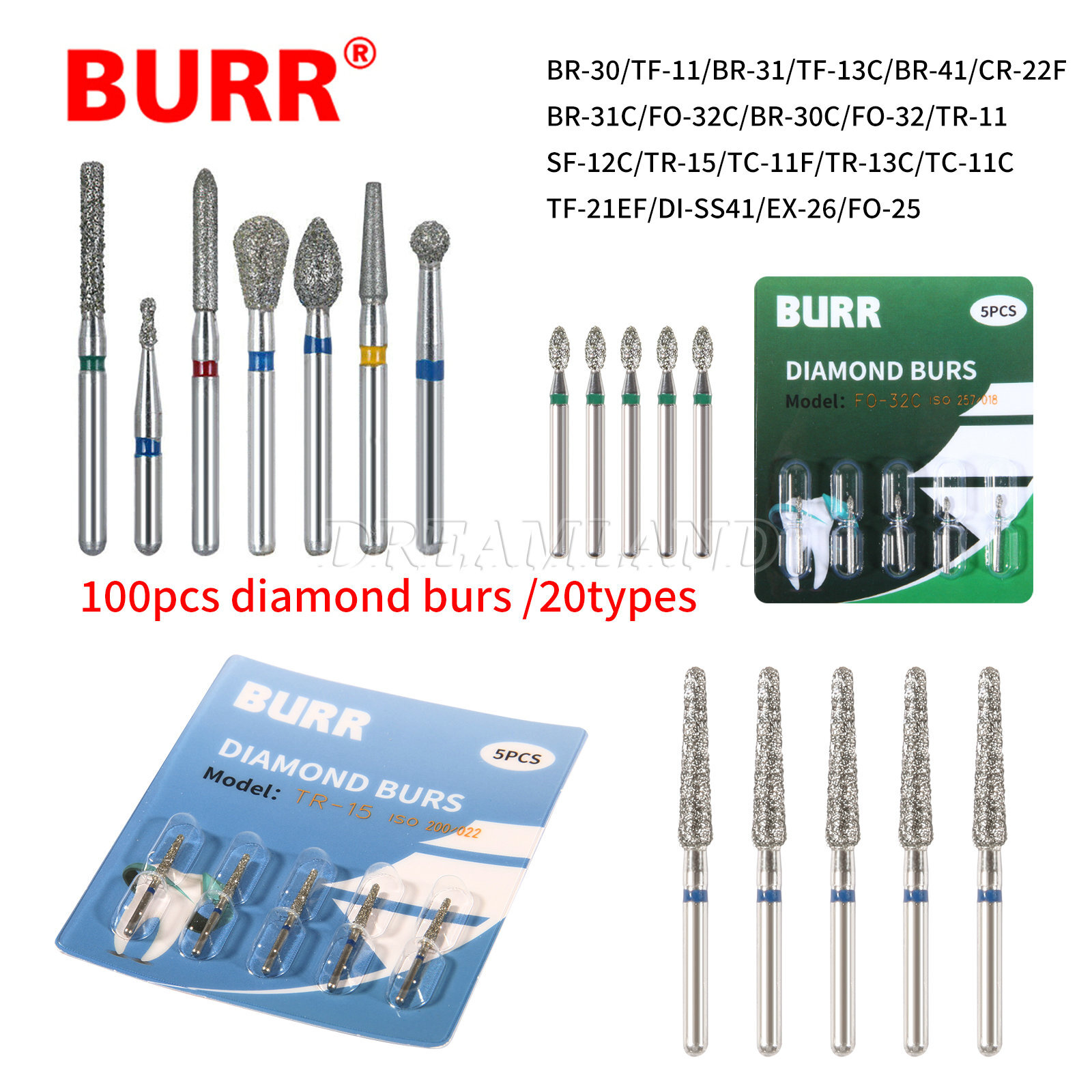 100pcs Diamond Burs Fit Dental High Speed Handpiece FG 1.6mm 20 Types