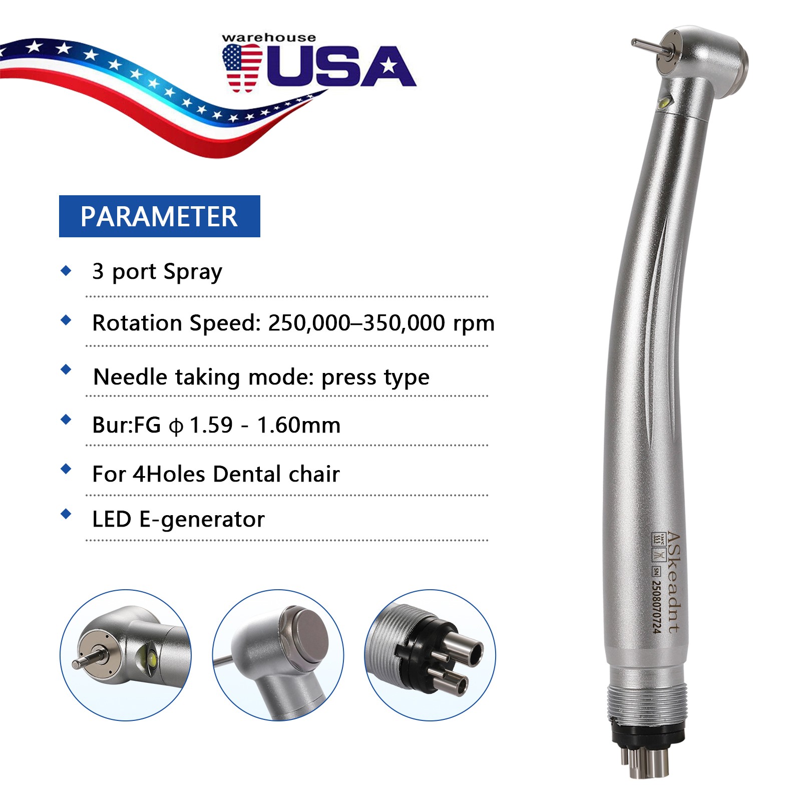 Dental PANA Max High Speed LED Handpieces NSK Type Internal Triple Spray Push US