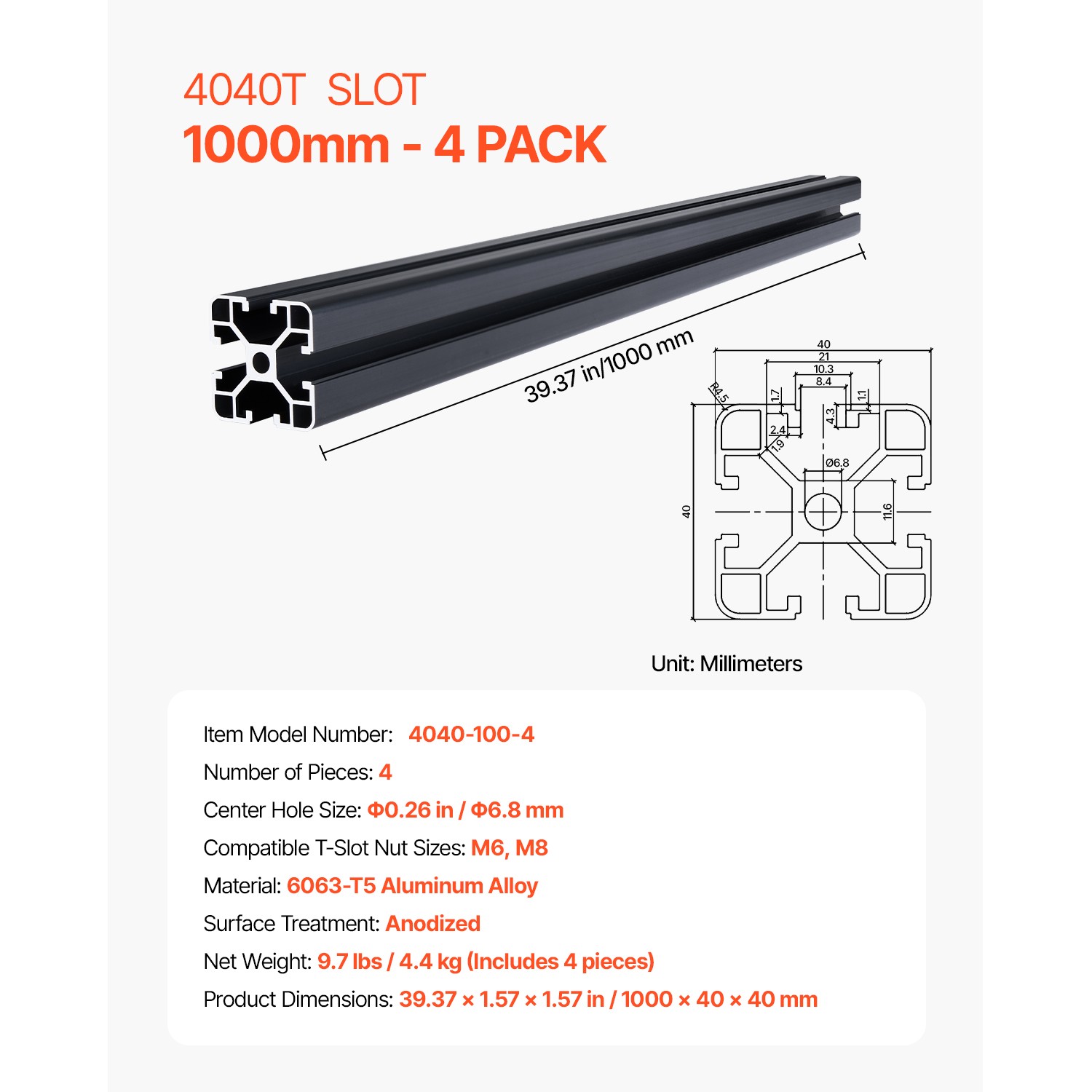4PCS 39.4 in (1000 mm) T Slot 4040 Aluminum Extrusion Anodized Linear Rail