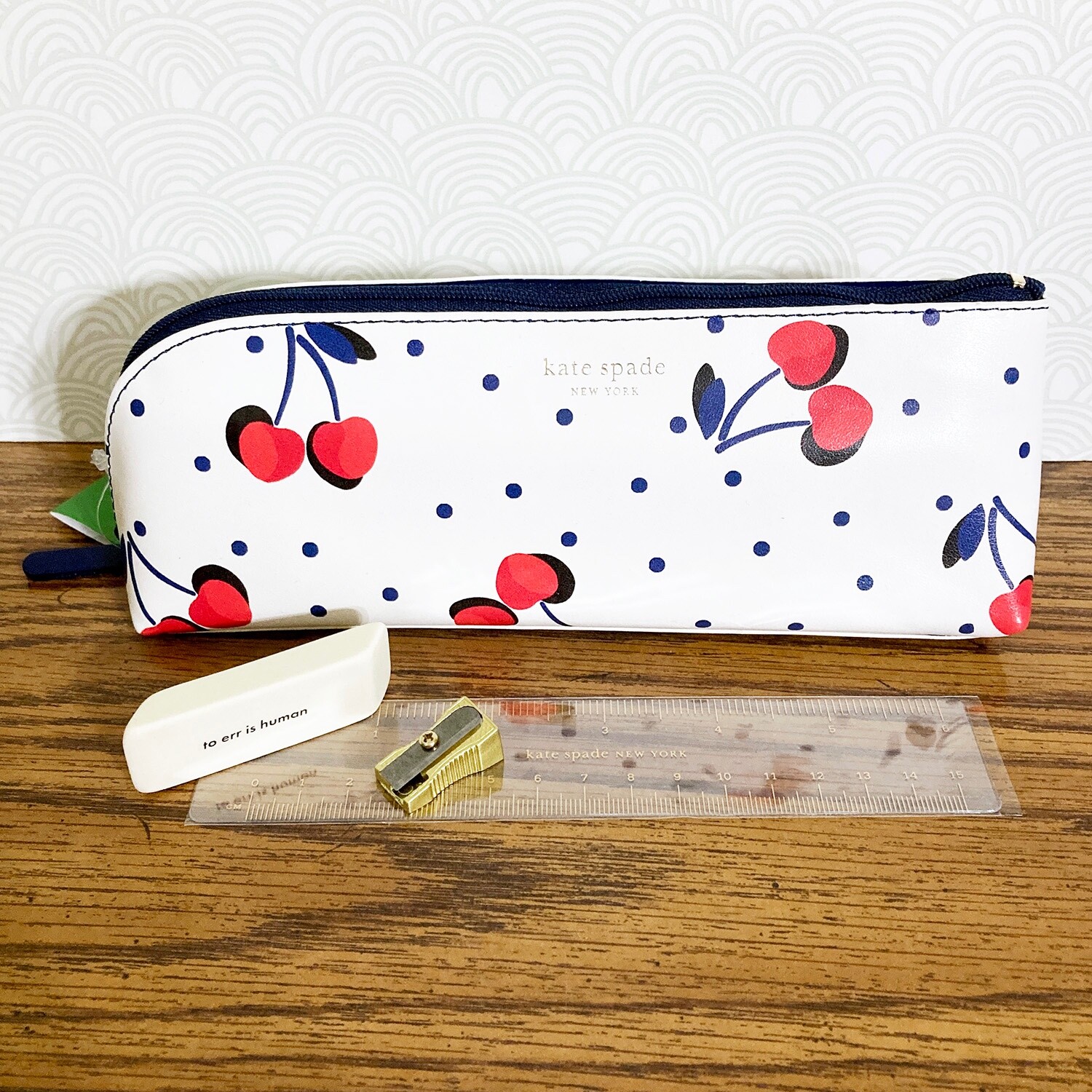 Kate Spade Pencil Pouch Cosmetic Case Travel Bag Faux Leather w Accessories