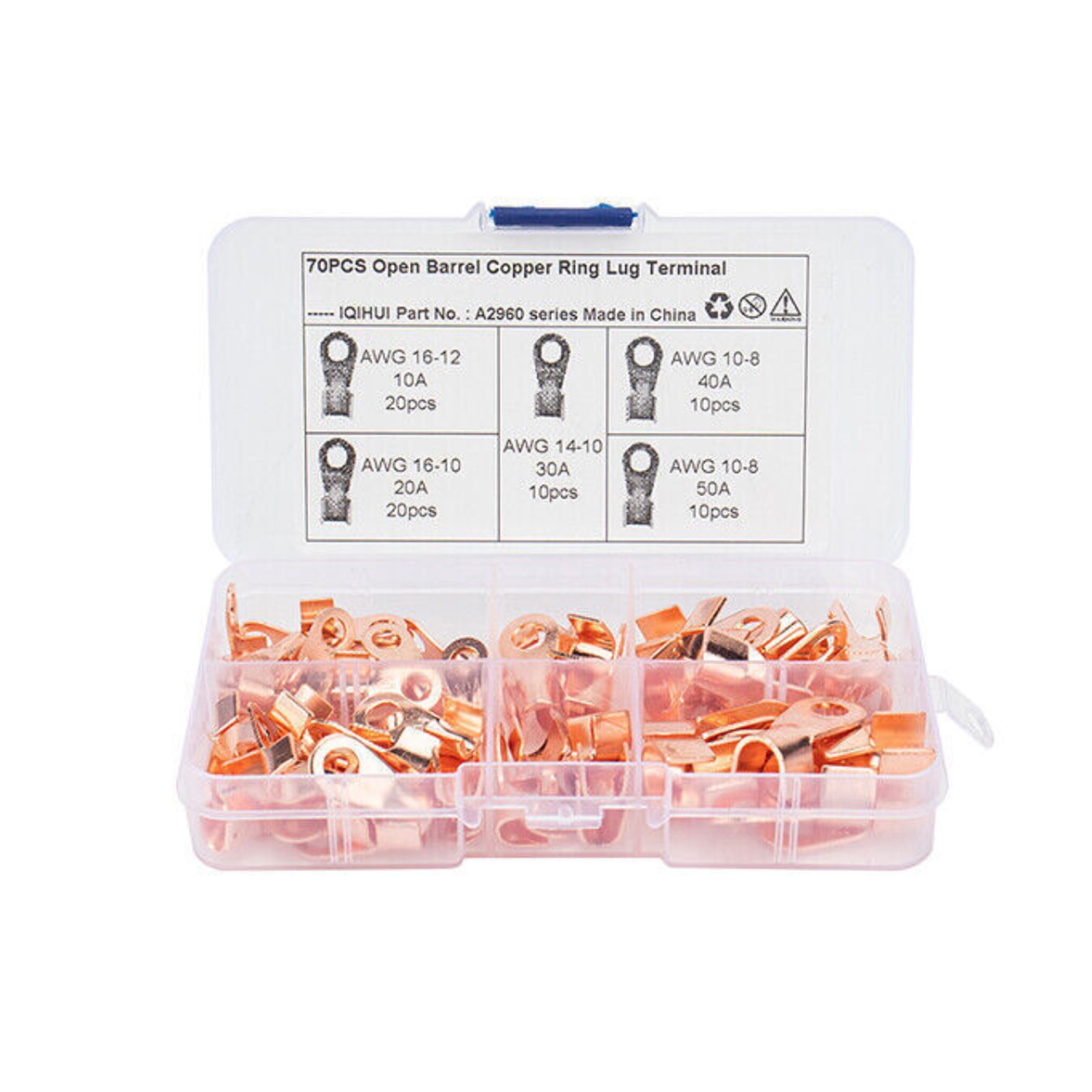 70PCS 5Types Car Open Wire Connector Copper Ring Lug Terminal Kit w/Box a