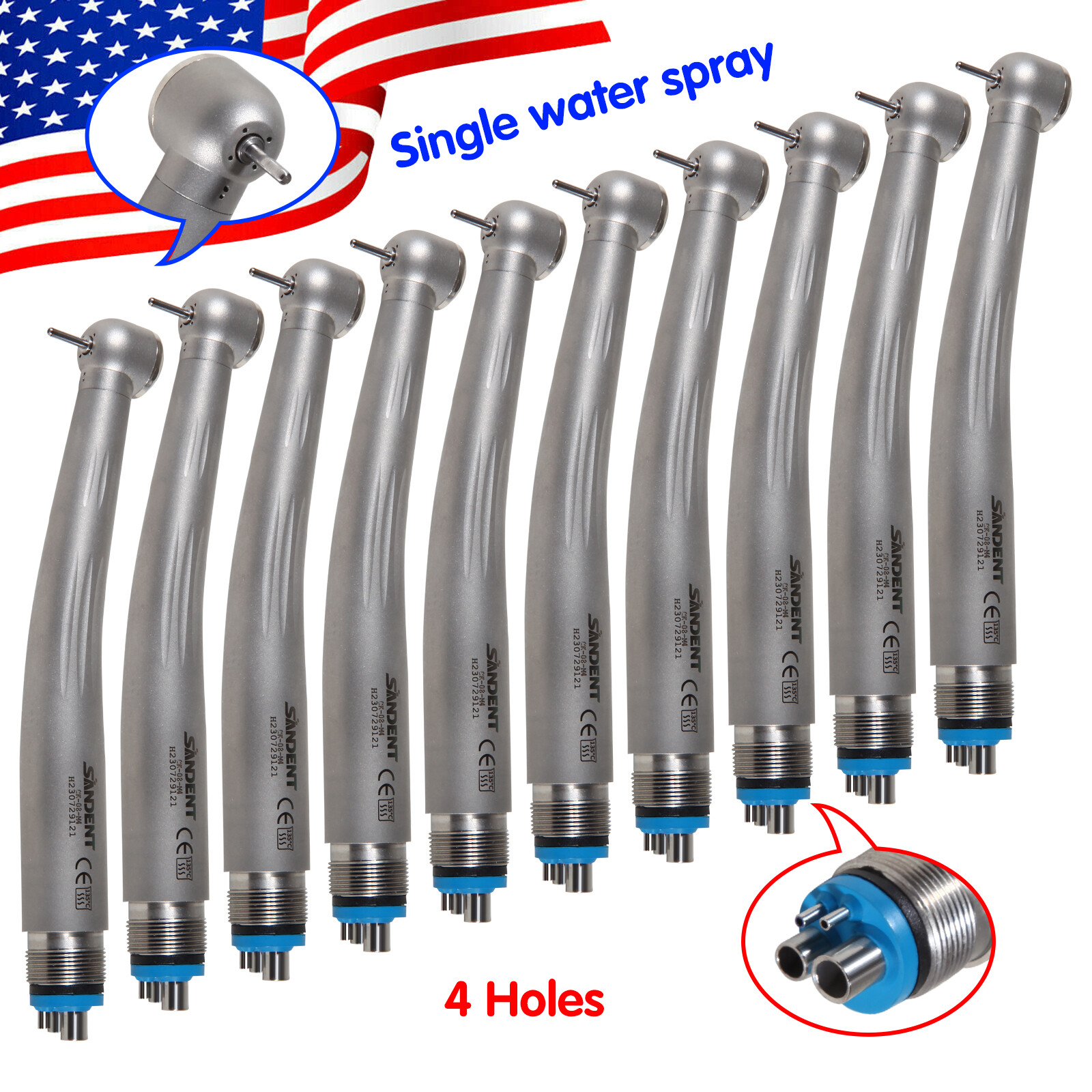 10pcs Dental High Speed Handpiece 4Hole Ceramic Rotor Standard head Single Spray
