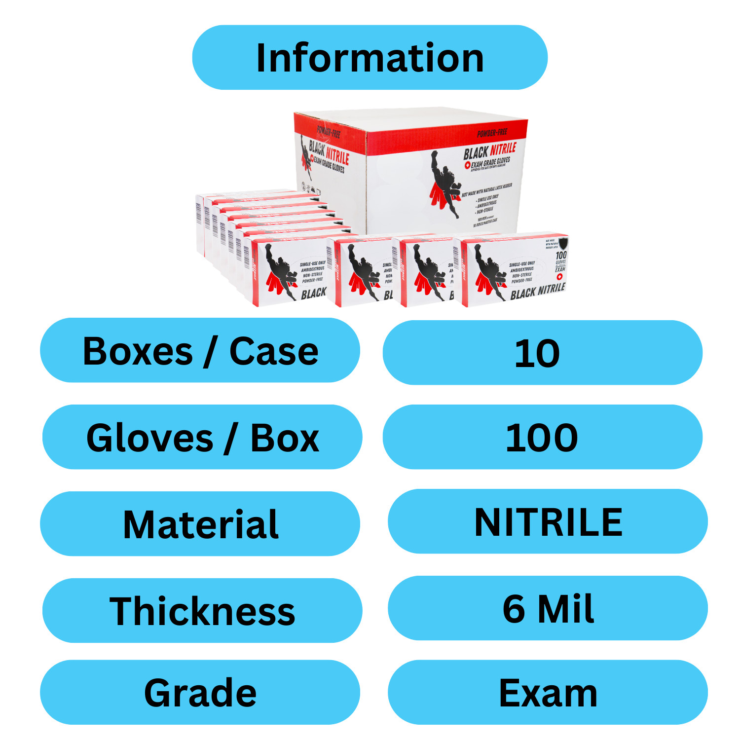 1000 Pieces, Black Nitrile Powder Free Disposable Gloves 2XL 6 MIL Full Texture
