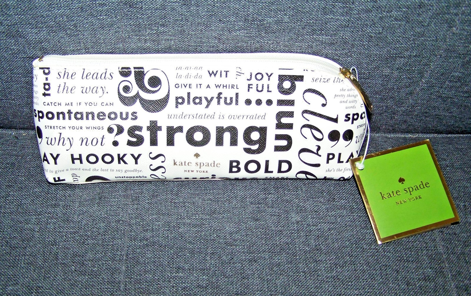 Kate Spade WORD Pencil Pouch Cosmetic Case Travel Bag Faux Leather w Accessories