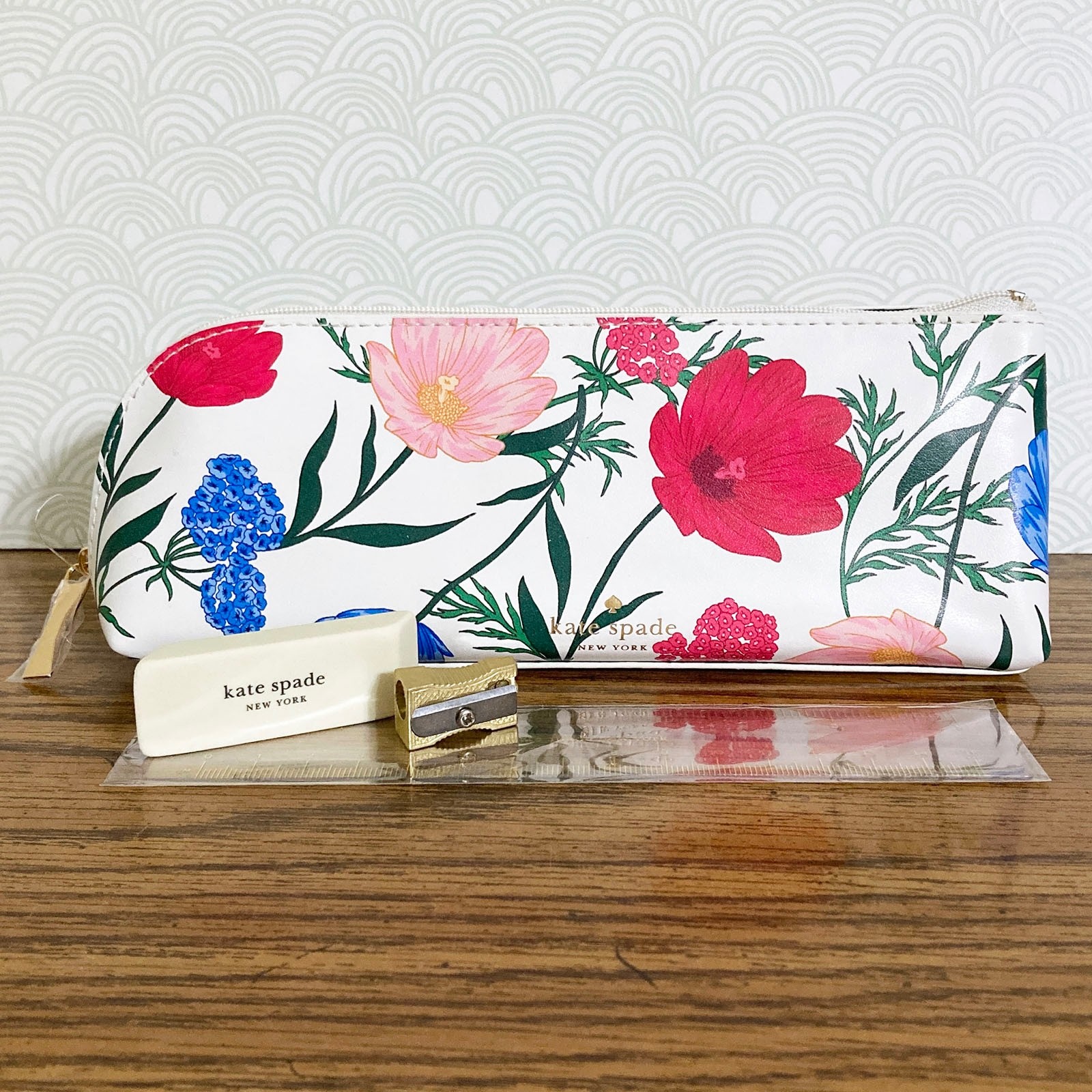 Kate Spade Pencil Pouch Cosmetic Case Travel Bag Faux Leather w Accessories
