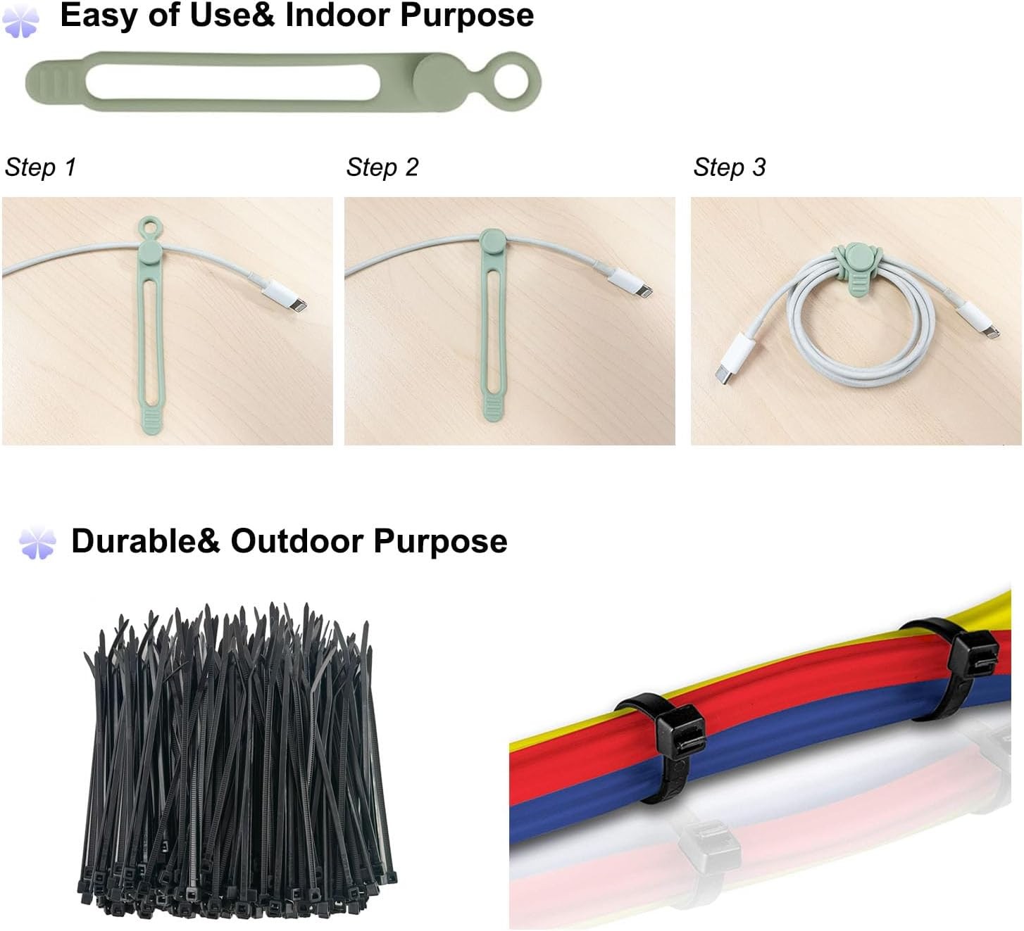 120 Pcs Cable Organizer Set, 20pcs Silicone Cable Ties Reusable & Nylon Cable