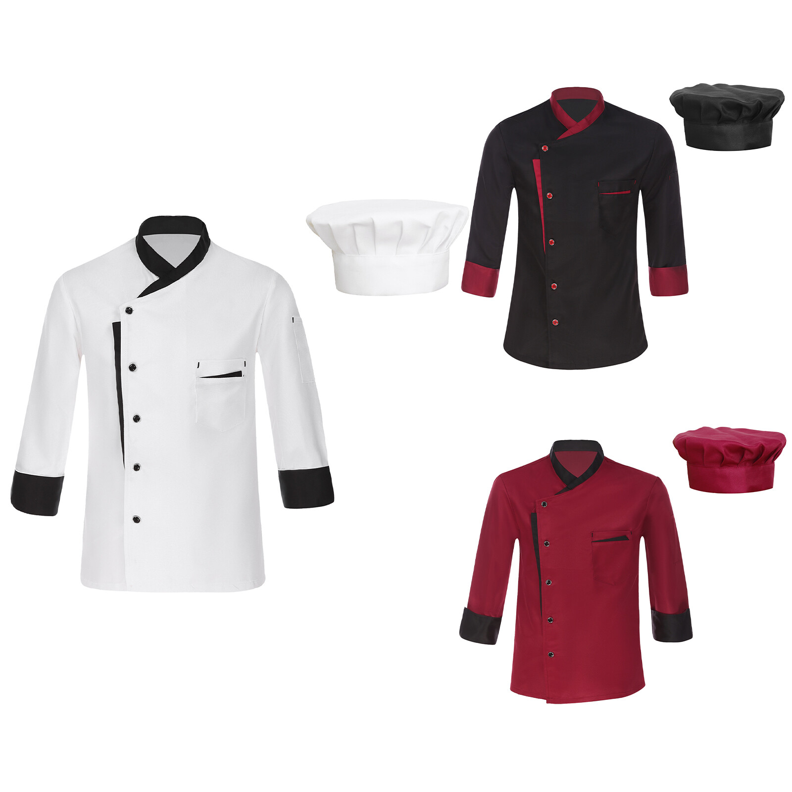 Unisex Jacket Adult Chef Cooking Uniform Long Sleeve With Hat Costume Clothes