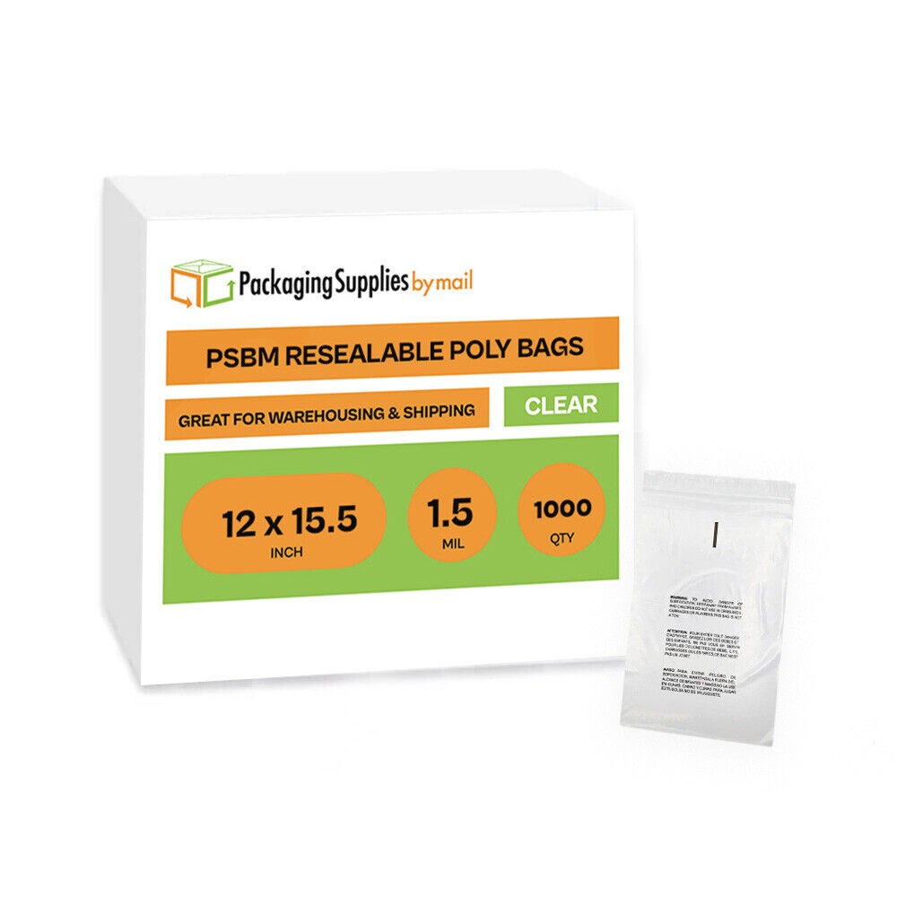 Clear Resealable Poly Bags 12″x15.5″ w/ Suffocation Warning 1.5 Mil 1000 Pieces