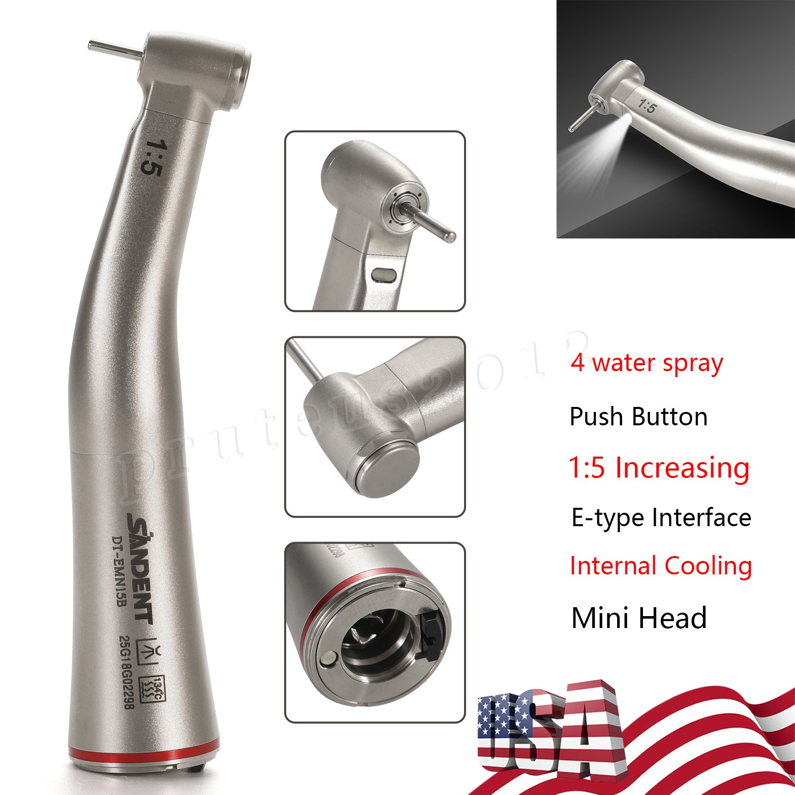 SANDENT 1:5 Contra Angle Electric Dental Handpiece Fiber Optic Mini Head DT-EM