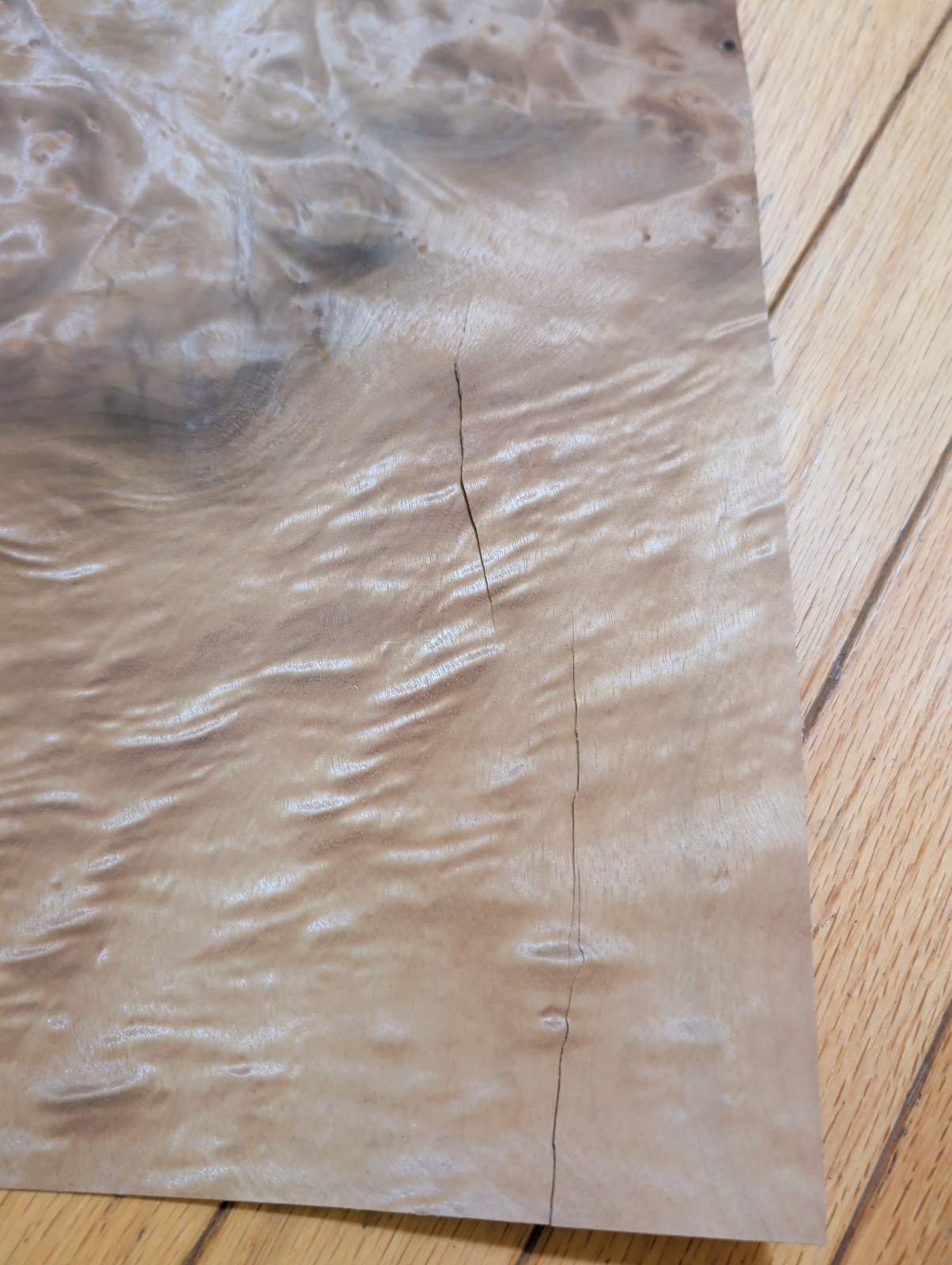 Myrtlewood burl veneer 1 piece 21″ x 15 1/4″ to 16″ & 1/42″ wood cracks 9″