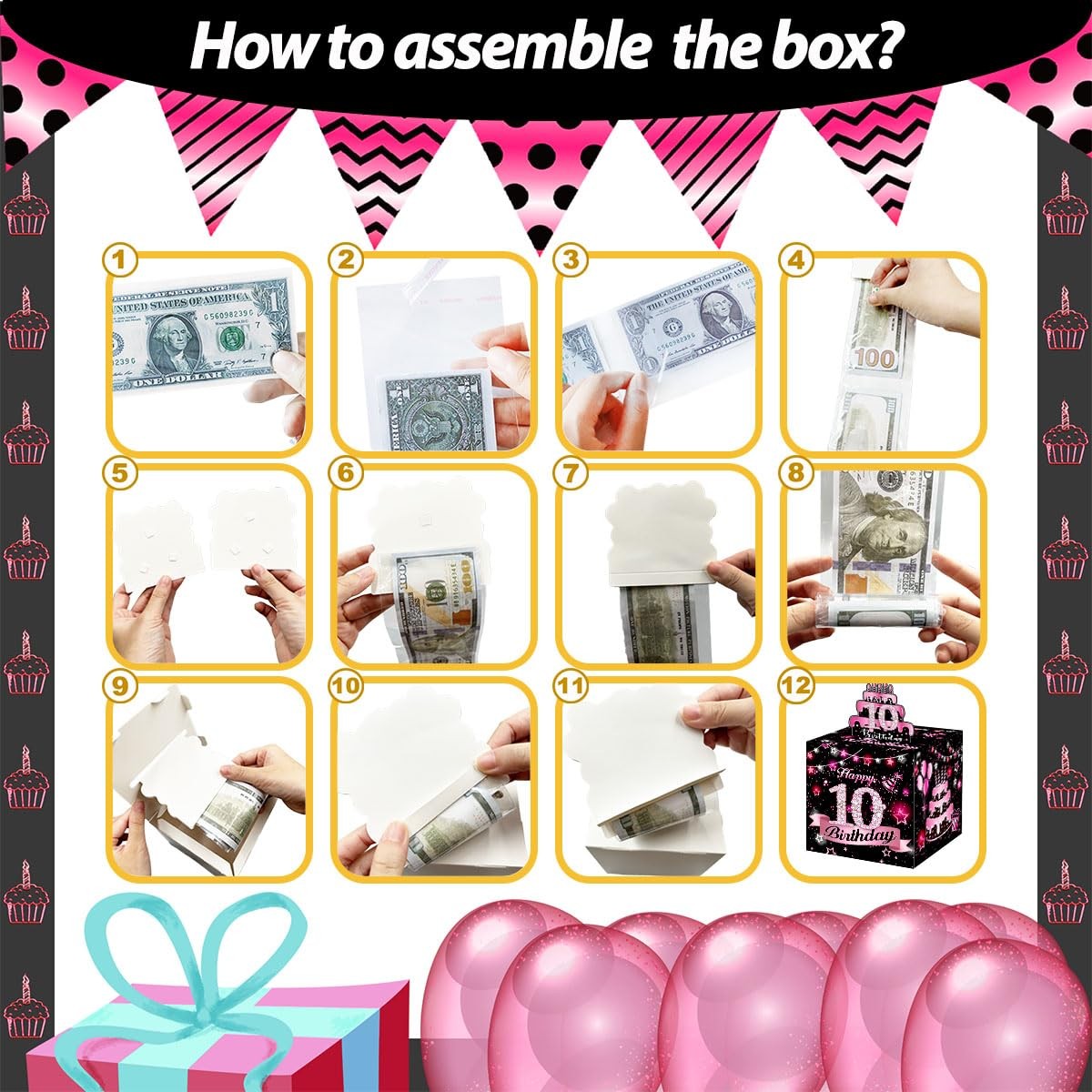 Pink DIY Surprise Explosion Money Box Gift Set 35 Bags 10th Birthday Decor