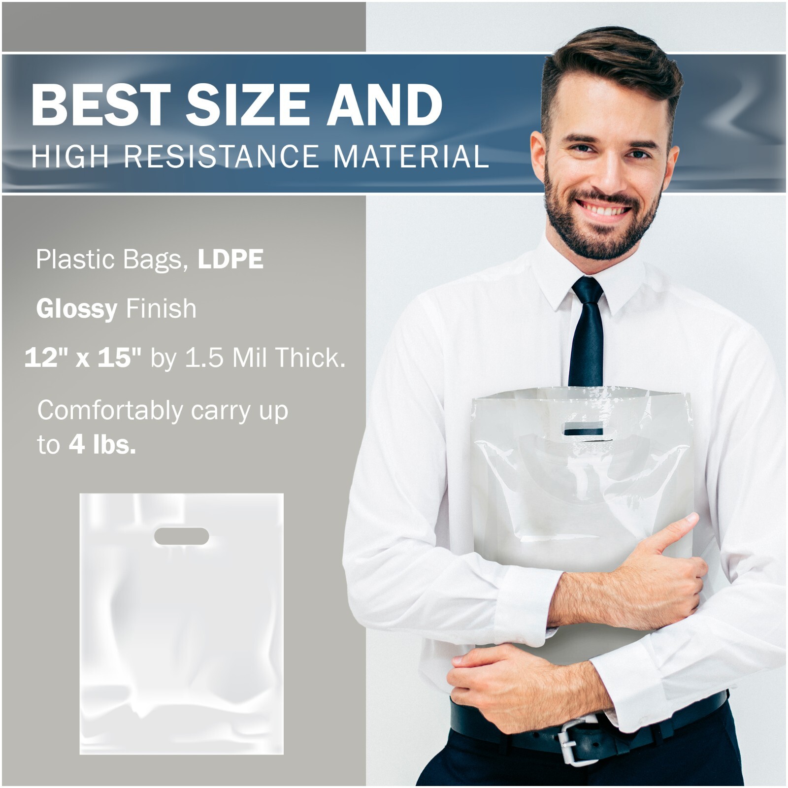 100 Pack 12″ x 15″with 1.5 mil Thick – White Merchandise Plastic Shopping Bags