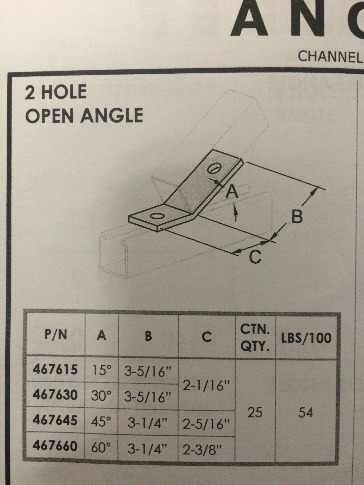 (QTY 25) 2-Hole 45° Open Corner Angle for Unistrut B-Line Channel #467645 P1546