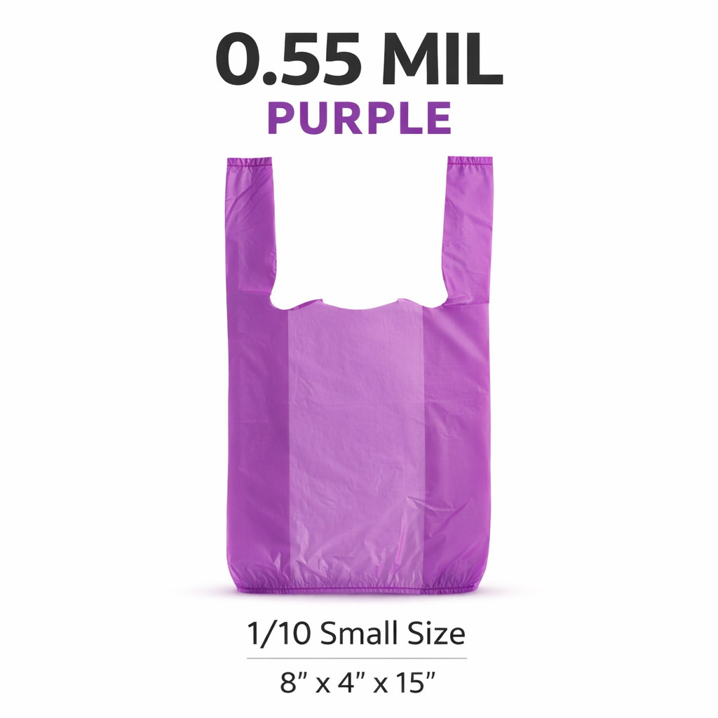 Purple T-Shirt Plastic Grocery Bags 1/10 Small 8x4x15 0.55 Mil Bulk Pack