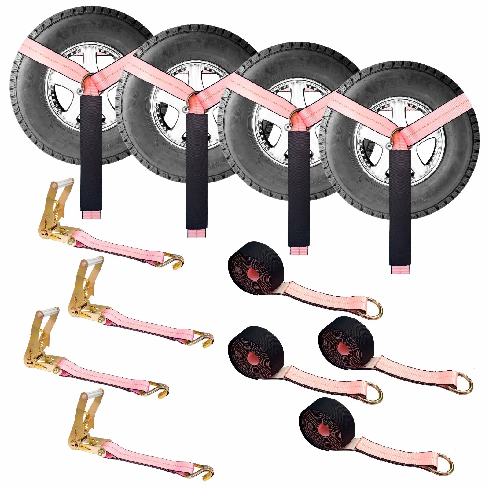 USA 4 Pack 2″ x 10′ Side Mount Wheel Net Tie Down Kit w/Wire J Hook Auto Hauler