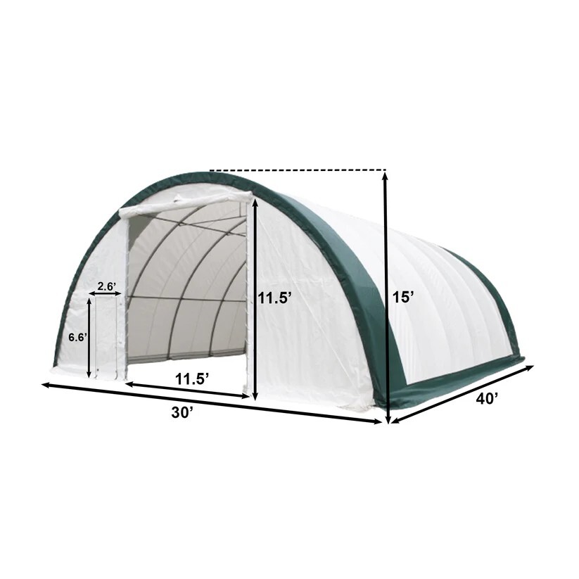 30’x40’x15′ Single Truss Arch Storage Shelter| 15OZ PVC Canvas W/Man Door