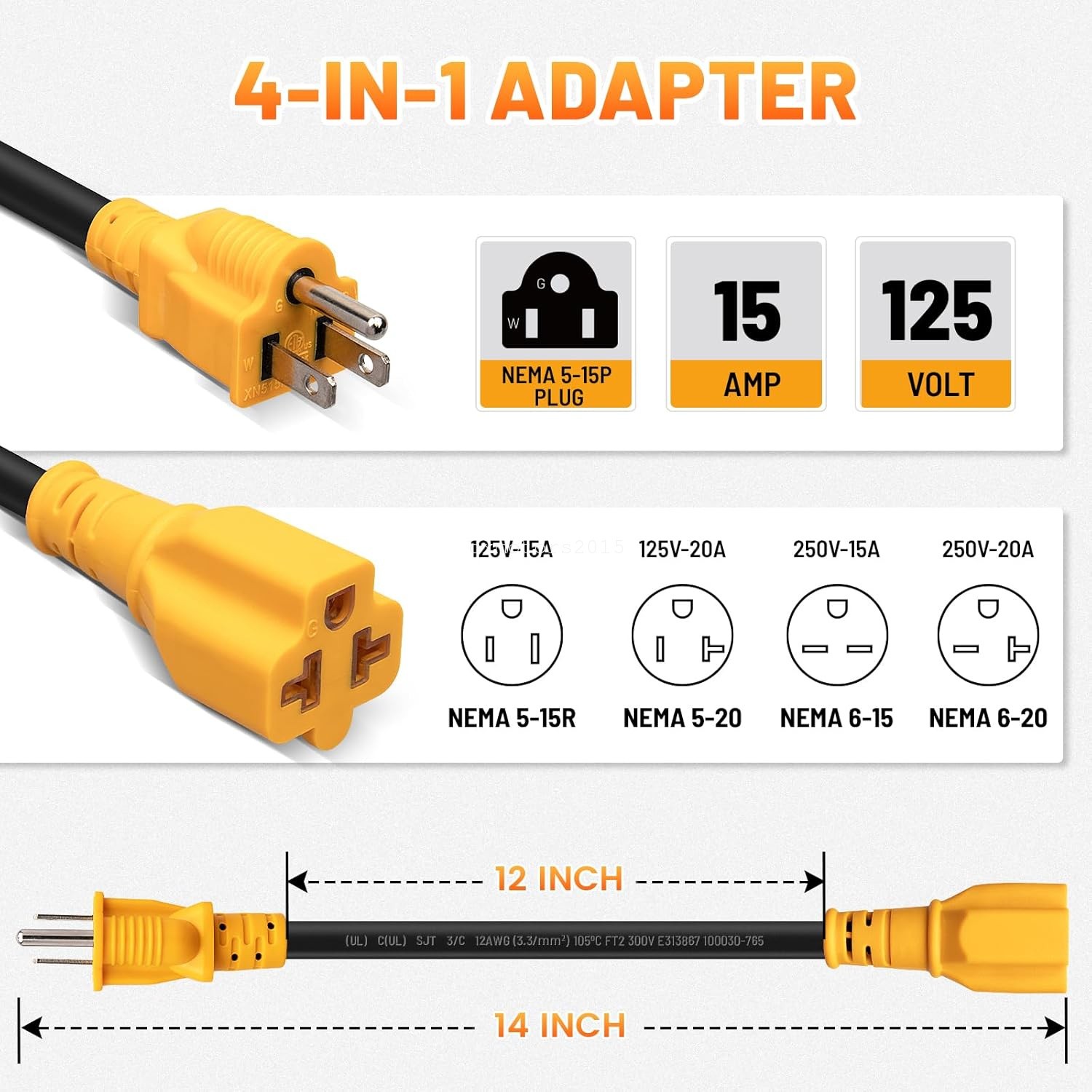 NEMA 15A to 20A Adapter Cable 5-15P to 5-15/20R 6-15/20R AC Power Converter ETL