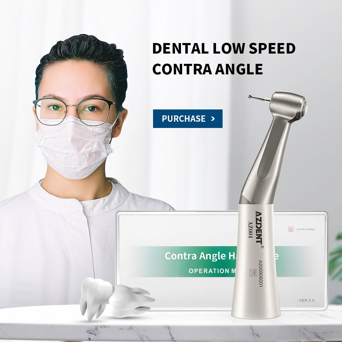 AZDENT Dental 1:1 Slow Low Speed Contra Angle Push Button Handpiece