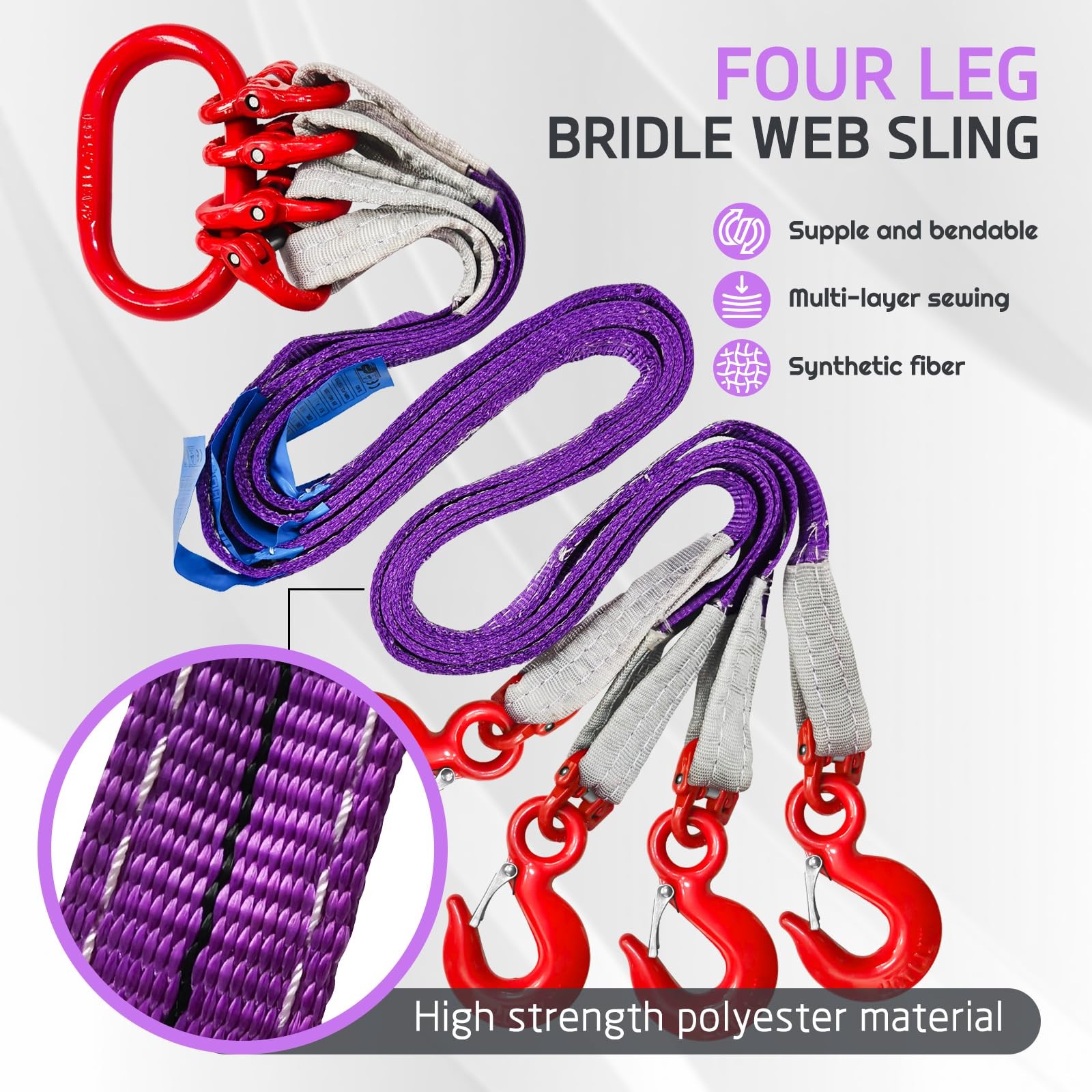 Four Leg Web Sling 5ft 6600lbs G80 Alloy Steel Grab Hooks Purple SENKEYFE Bridle