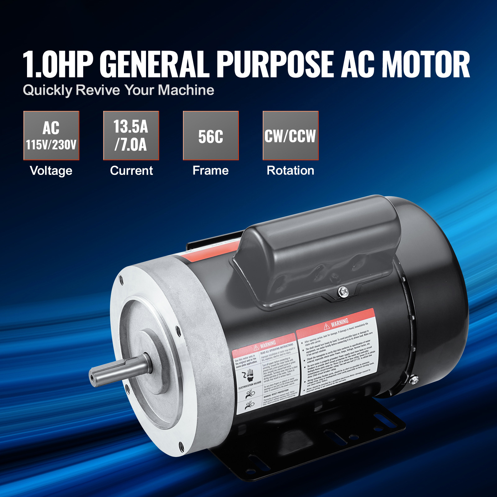 VEVOR 1HP Electric Motor 3450RPM AC115V/230V 56C Frame 1-Phase 5/8″ Keyed Shaft