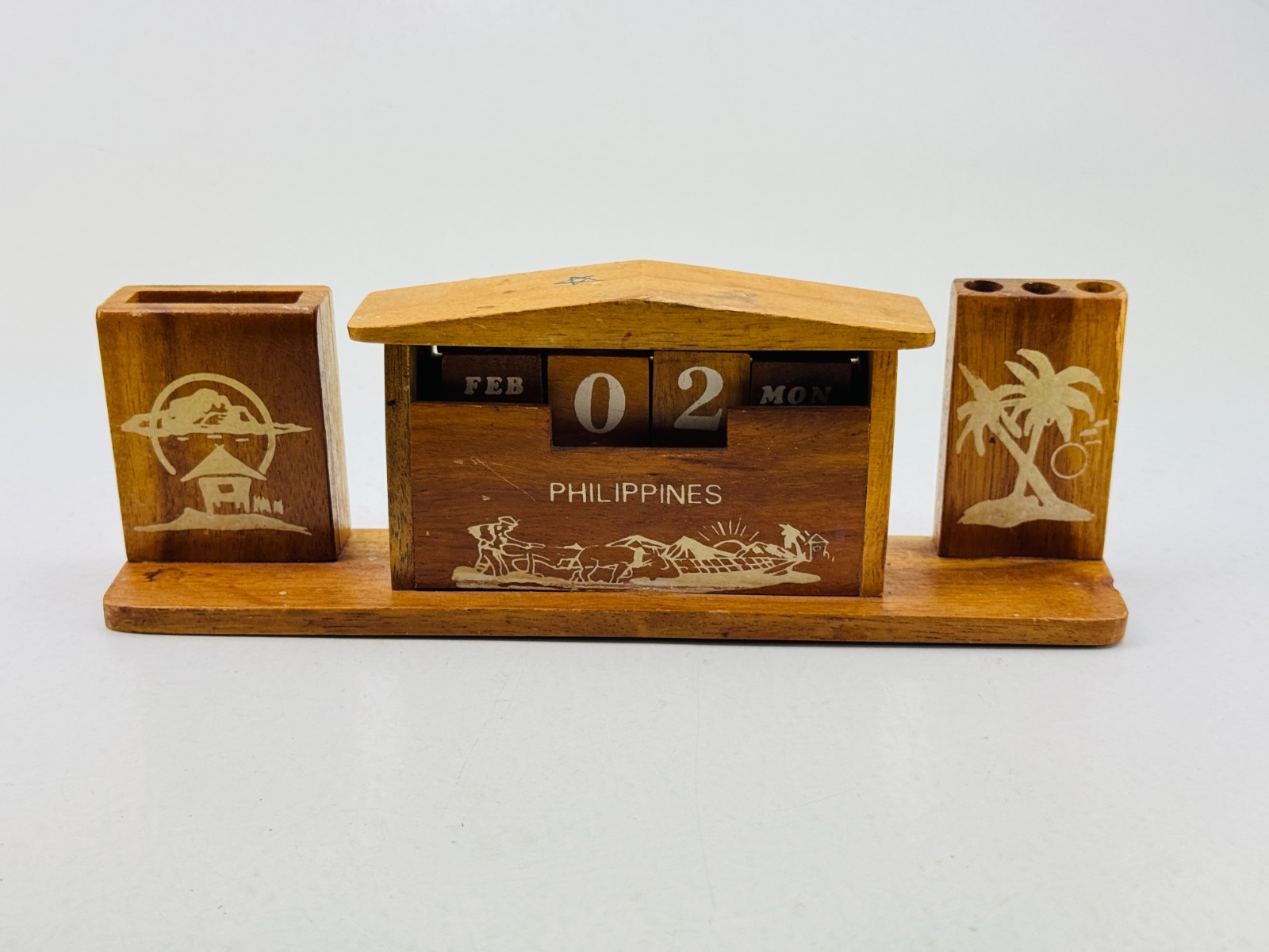 Vintage Philippines Date Day Month Wood Desk Desktop Calendar Pencil Pen Holder