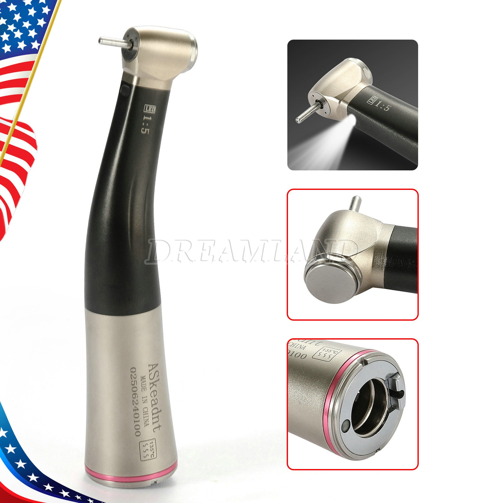NSK Ti-MAX X95L Style Dental 1:5 LED Fiber Optic Contra Angle Handpiece Red Ring