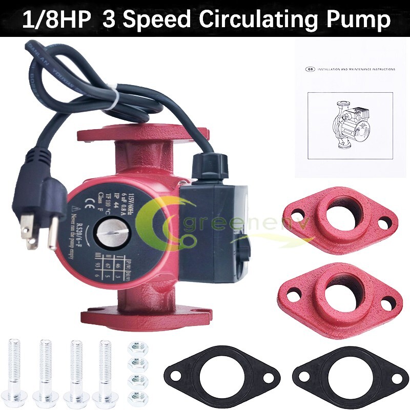 3 Speed 1/8HP Circulating Pump Use w/Outdoor Furnaces,Hot water heat,Solar,115V
