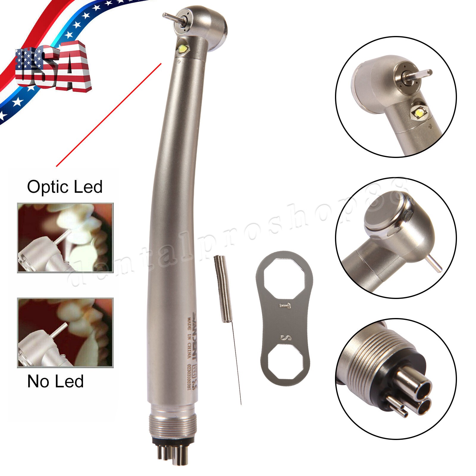 Dental Fiber Optic LED High Speed Handpiece 4Holes Internal triple spray fit Kav