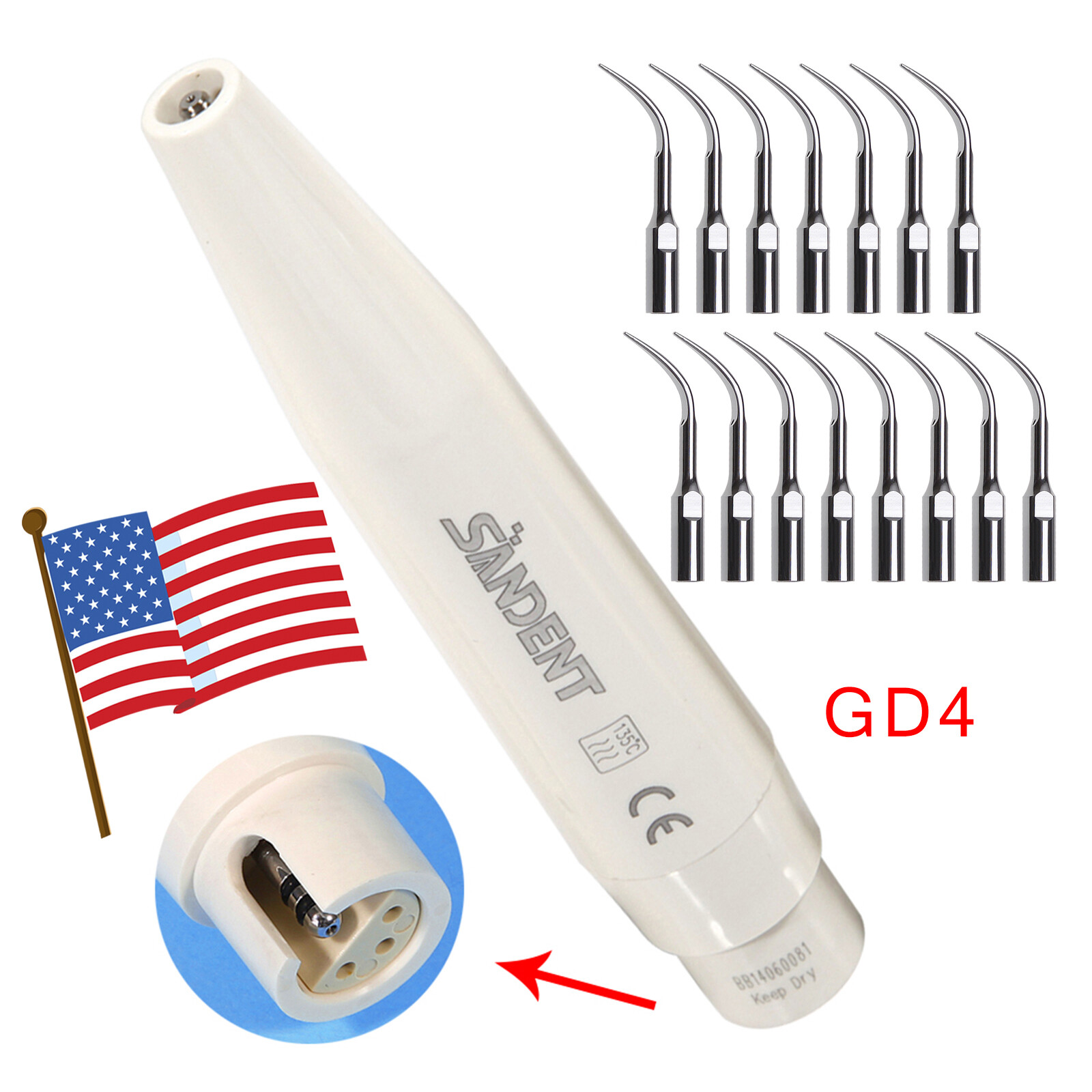 Dental Ultrasonic Scaler Handpiece / 5-20* Scaling Tips GD4 Fit DTE SATELEC NEW