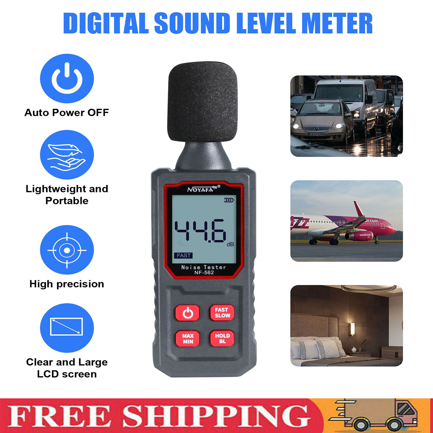 Decibel Meter, Portable Digital Noise Meter 30-130dB Sound Monitoring Tester