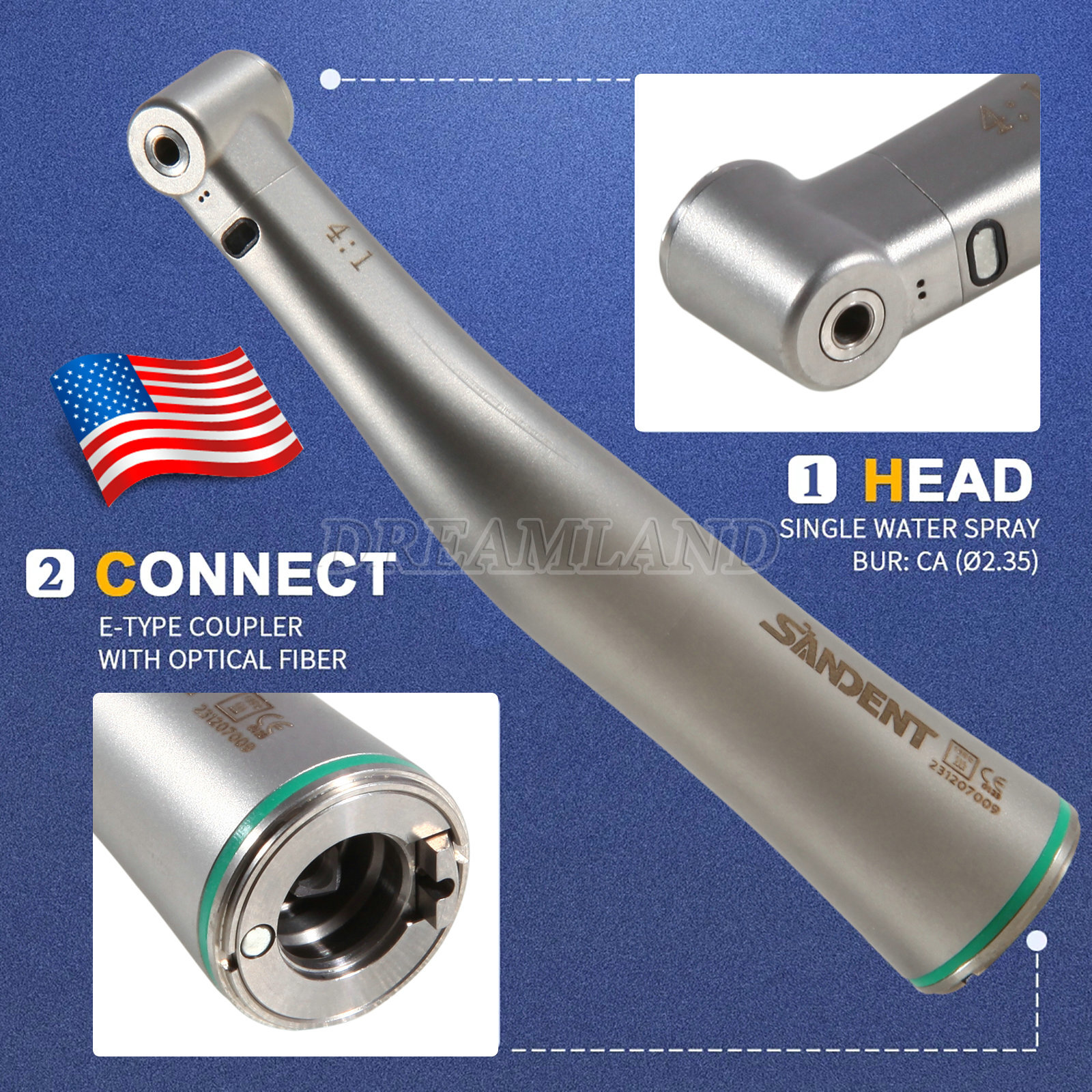 Dental 4:1 LED Fiber Optic Contra Angle Handpiece Quattro Spray Internal Channel