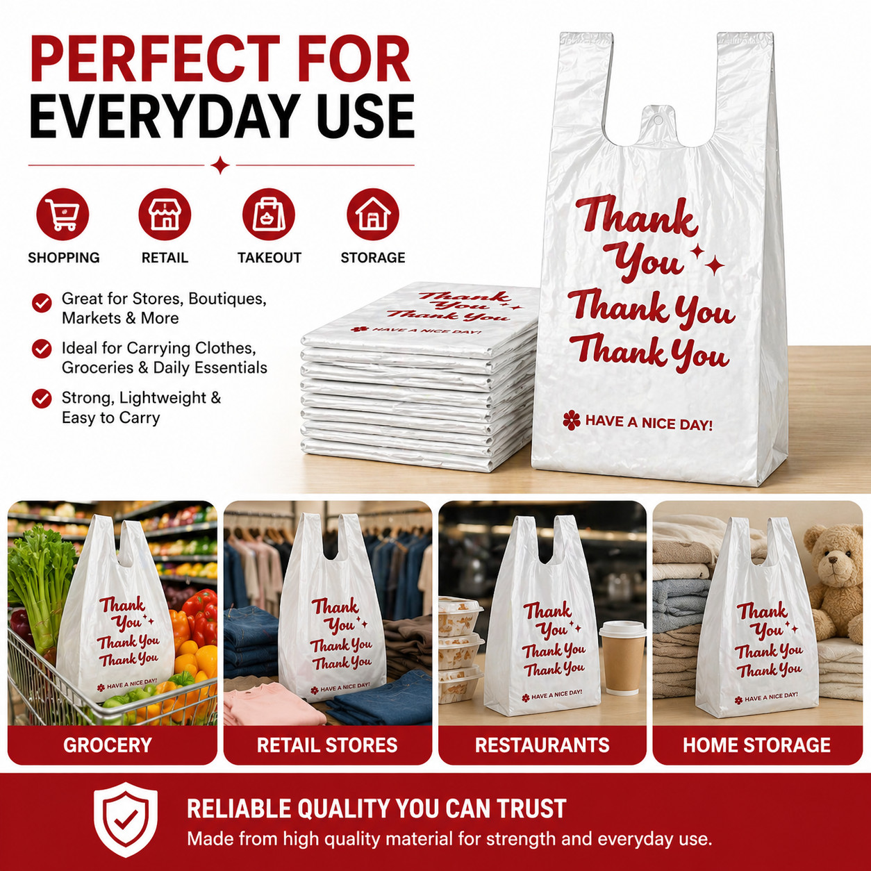 Thank You Plastic Bags 1000 Count Large 11.5×6.5×21 Heavy Duty T-Shirt Bags Bulk