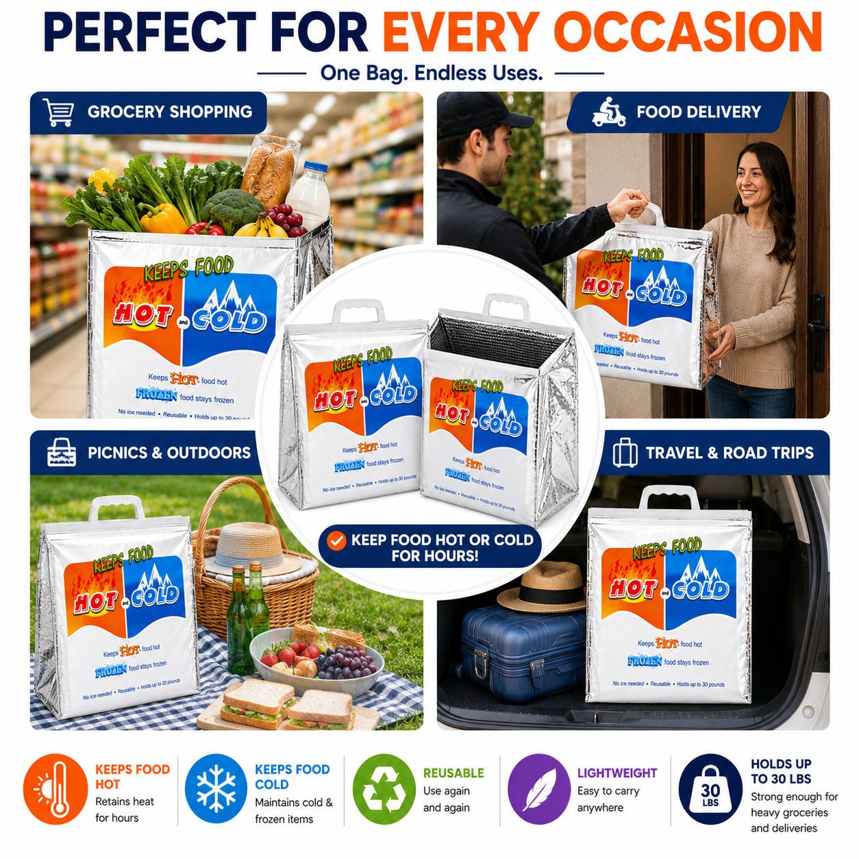 2 Pack Hot Cold Insulated Food Delivery Bags Thermal Grocery Shopping Cooler