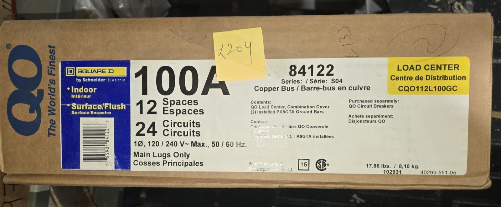 SCHNEIDER SQUARE D CQO112L100GC 100A LOAD CENTER “NEW SURPLUS US STOCK”