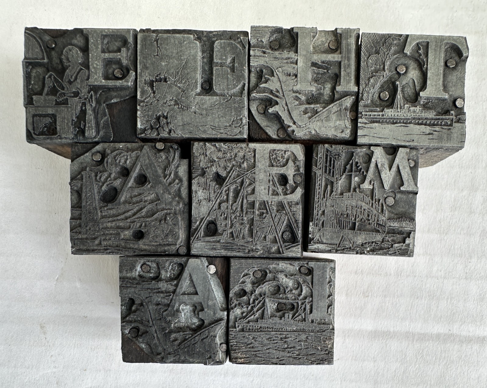 Vtg Type Set Print Block Letter Nautical Illustrated People Dining Cooking Scene