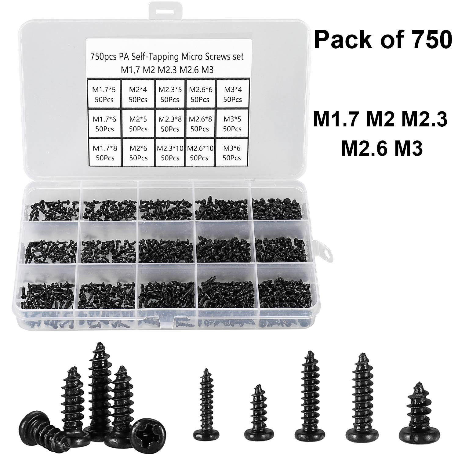 750 Pcs Small/Micro/Tiny/Mini SelfTapping Screws, M1.7M3 Phillips Pan Head, C…