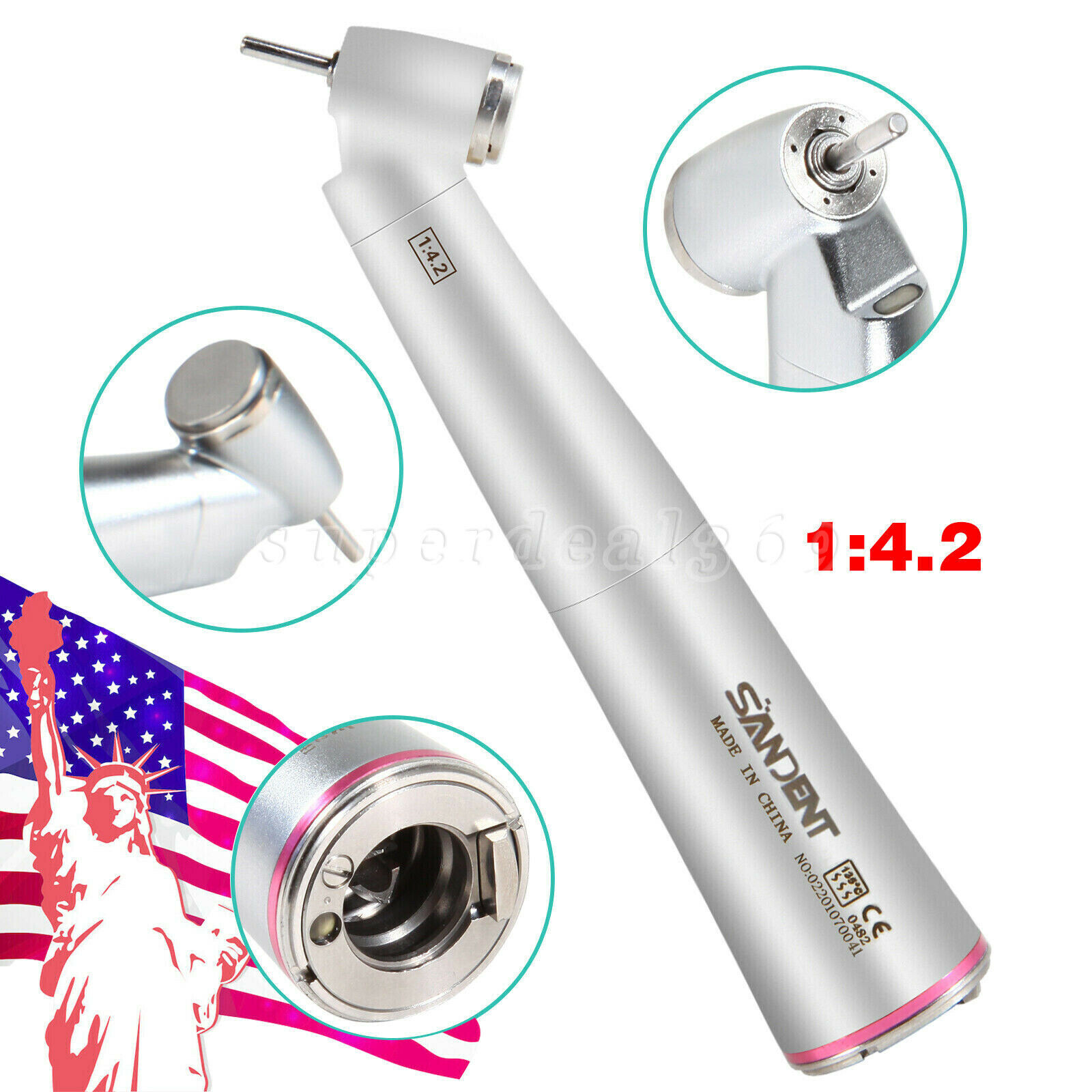 45° Angle Head Dental 1:4.2 Increasing LED Optic Contra Angle handpiece Inner US