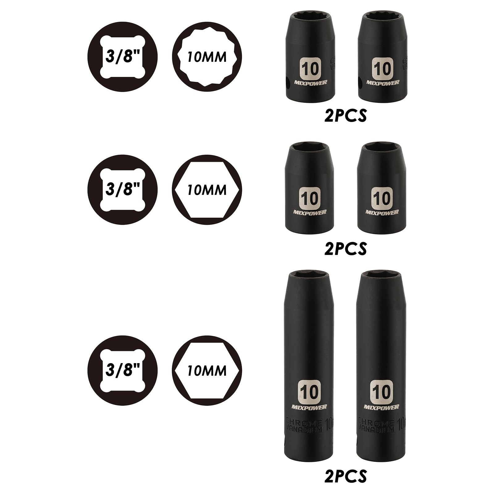 MIXPOWER 6PCS 3/8″Drive 10mm Deep&Shallow Socket, 6 Point & 12 Point, 10MM