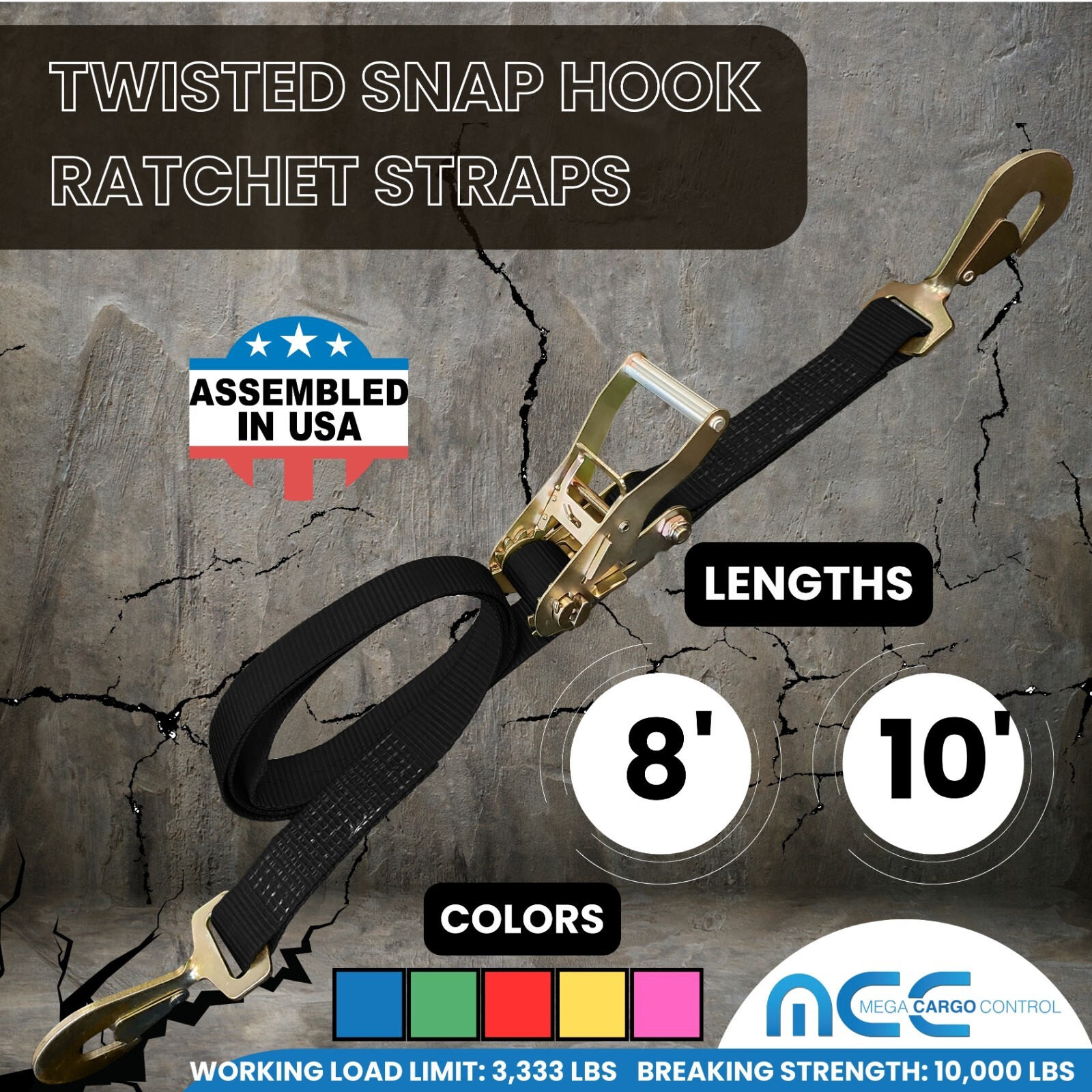 USA 2″ x 8′ 10′ Ratchet Strap w/Snap Hook for Car Hauler Flatbed Trailer Wrecker