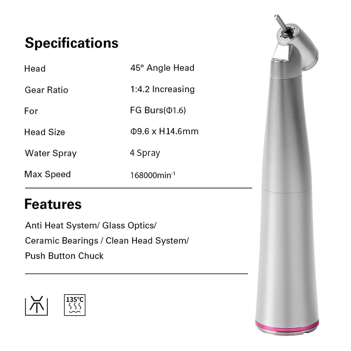 AZDENT Dental Optic Fiber 1:4.2 Increasing Handpiece 45°Angle Fit FG 1.6mm burs