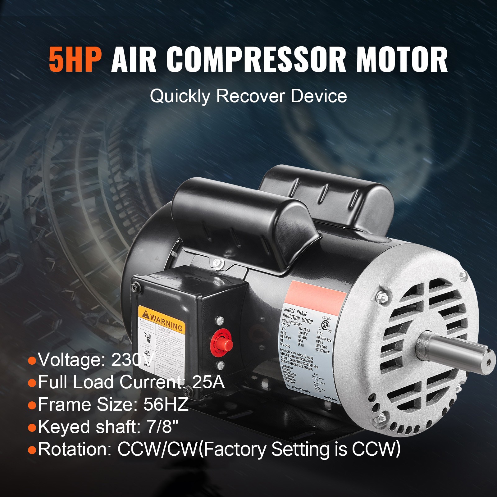 5HP Air Compressor Electric Motor 230V 25A 3450RPM 56Hz Frame CW/CCW Rotation