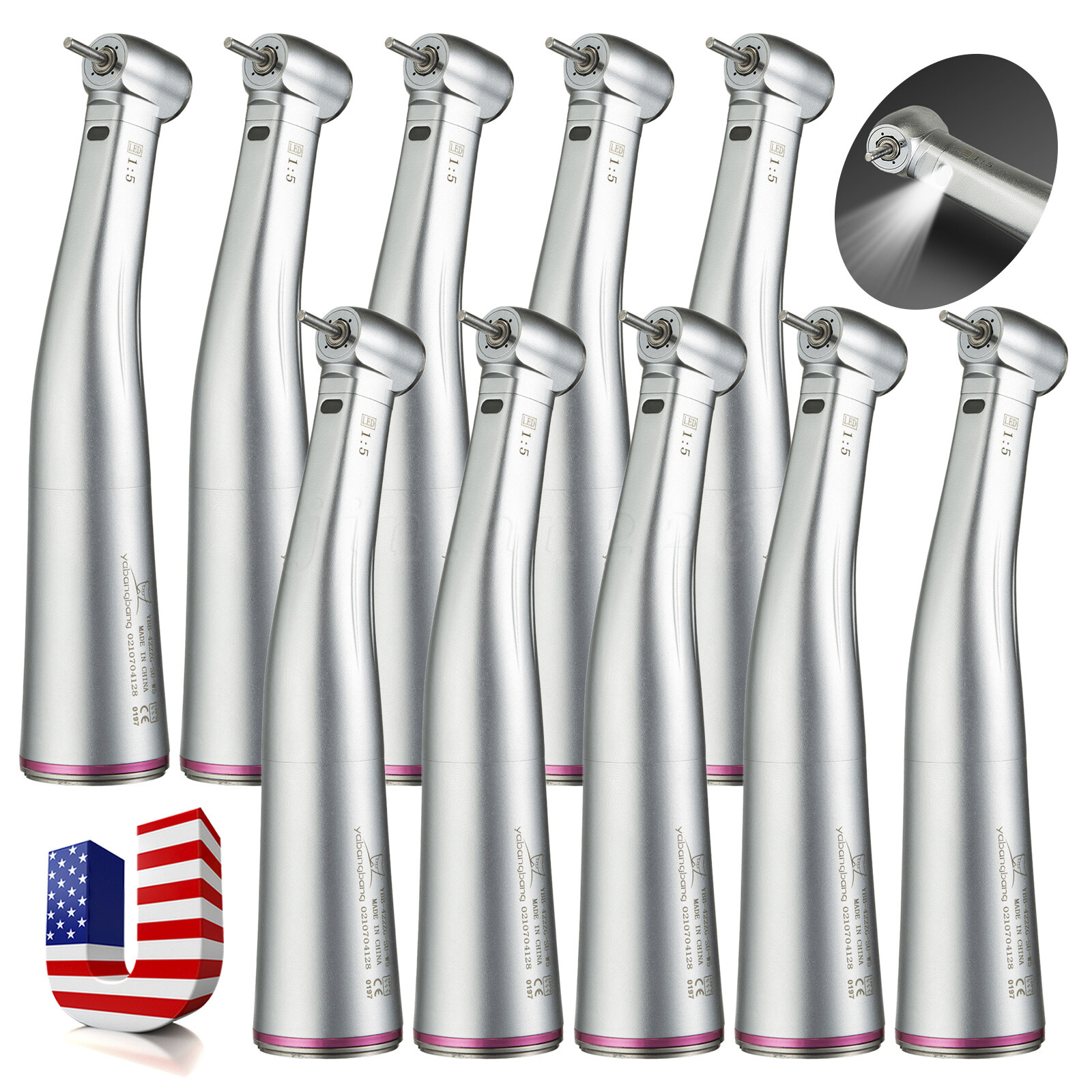 NSK Ti-MAX X95L Style Dental 1:5 LED Fiber Optic Contra Angle Handpiece Red Ring